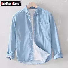 Brother Wang-camisas vaqueras 100% de algodón para hombre, camisa informal de trabajo diario suave y cómoda, fina, a la moda, color azul claro, manga larga