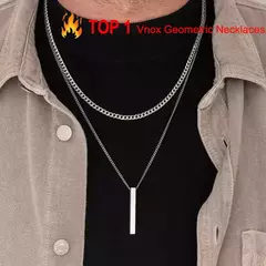 Vnox Collares de barra vertical 3D para hombres, colgante geométrico de acero inoxidable en capas, cadena cubana de cuerda de trigo en capas, collar para niño