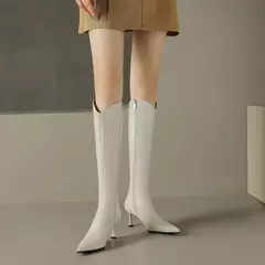 QUTAA-Botas hasta la rodilla de cuero genuino para mujer, zapatos de tacón alto fino, botas de motocicleta para fiesta, talla 34-39, 2024 - online store