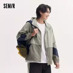 Chaqueta Semir holgada para hombre, protección solar para acampar al aire libre, Top con capucha, bloque de Color de verano, textura arrugada de retales, moda - buy online