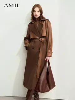 AMII gabardina minimalista para mujer 2024 Otoño Invierno nueva sarga empalmada de cuero PU prendas de vestir exteriores largas para ir al trabajo 12444001