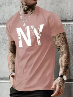 Camiseta holgada informal de algodón puro 100% de verano para hombre de talla grande con estampado de letras NY, camiseta deportiva cómoda de manga corta con cuello redondo
