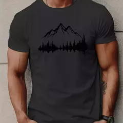 Camiseta holgada informal de algodón 100% para hombre, camiseta de manga corta con cuello redondo y estampado de montañas y árboles de talla grande, deportiva, de verano - Eleganzie