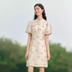Imagen de Semir-vestido con estampado de pintura de tinta para mujer, vestido Cheongsam abotonado con mangas de burbuja, novedad de verano 2024