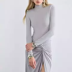 Vestidos de mujer nuevo otoño sólido Sexy Split elegante Maxi vestido ropa de calle moda manga larga cuello alto Casual vestido delgado Mujer - comprar en línea