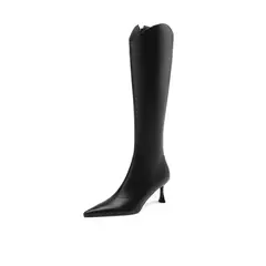QUTAA-Botas hasta la rodilla de cuero genuino para mujer, zapatos de tacón alto fino, botas de motocicleta para fiesta, talla 34-39, 2024