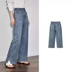 TOYOUTH Jeans de mezclilla para mujer 2025 primavera hechos a mano nuevos pantalones largos de pierna ancha rectos lavados azul claro - tienda en línea