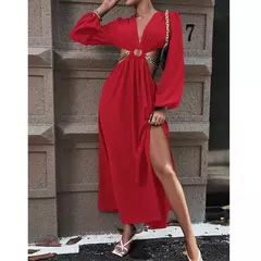 Mia Muse Vestidos de mujer Otoño Sexy Loin Hollowing Manga larga Con cuello en V Una línea Maxi vestidos de fiesta - Eleganzie