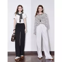 TOYOUTH, pantalones informales para mujer, primavera 2025, nuevos pantalones largos de algodón de pierna ancha rectos ajustados de cintura alta, color blanco - comprar en línea