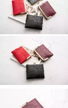 Imagen de MIYIN-cartera pequeña de cuero para mujer, monedero Vintage plegable, compacto, con cremallera y cierre de beso