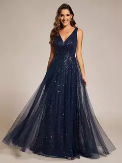 Imagen de Preciosos vestidos de noche con cuello en V, sin mangas, cintura alta, tul transparente con lentejuelas, vestido de dama de honor azul marino Ever Pretty 2025