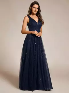 Preciosos vestidos de noche con cuello en V, sin mangas, cintura alta, tul transparente con lentejuelas, vestido de dama de honor azul marino Ever Pretty 2025