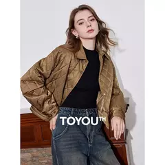 TOYOUTH Chaqueta de algodón para mujer 2024 Otoño e Invierno nuevo estilo de dinero viejo rejilla cuello POLO botón a presión Chaqueta corta abrigo marrón