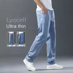 Pantalones vaqueros Lyocell de seda de hielo para hombre, pantalones vaqueros rectos holgados ultrafinos de verano, pantalones suaves y cómodos de marca para hombre, pantalones azul claro