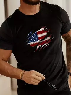 Image of Camiseta de manga corta con cuello redondo y estampado de bandera americana para hombre, 100% algodón, talla grande, informal, de verano