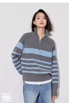 TOYOUTH-suéter de punto para mujer, suéter con capucha y cuello tipo Polo con cremallera a rayas, otoño e invierno, 2024 - tienda en línea