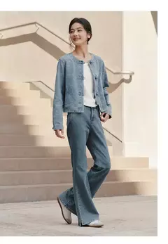 Semir chaqueta vaquera mujer estilo corto cuello redondo dulce y fresco 2025 nueva primavera chaqueta Jacquard con nudo chino nicho - Eleganzie