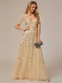 Vestido de noche elegante con escote en V profundo, mangas con volantes y mangas cortas, vestido de dama de honor con lentejuelas de gasa azul cielo 2025 - Eleganzie