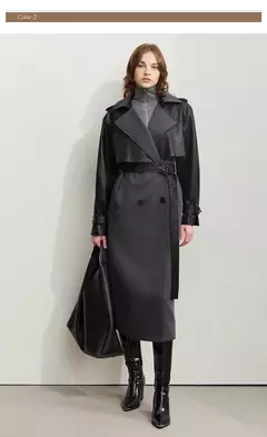 AMII gabardina minimalista para mujer 2024 Otoño Invierno nueva sarga empalmada de cuero PU prendas de vestir exteriores largas para ir al trabajo 12444001 - online store