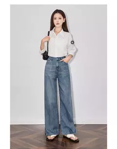 Imagen de TOYOUTH Jeans de mezclilla para mujer 2025 primavera hechos a mano nuevos pantalones largos de pierna ancha rectos lavados azul claro