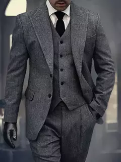 Traje de lana de 3 piezas para hombre, chaqueta de Tweed Vintage, espiga de lana gris, alta calidad, 100%