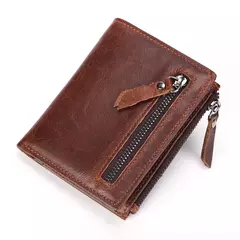 Cartera corta de cuero genuino a la moda para hombre con cremallera, cartera de diseño de lujo RFID para hombre, tarjetero de alta calidad