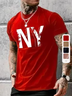 Camiseta holgada informal de algodón puro 100% de verano para hombre de talla grande con estampado de letras NY, camiseta deportiva cómoda de manga corta con cuello redondo