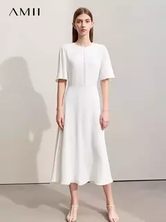 Amii-Vestidos minimalistas de verano para mujer, traje liso con cuello redondo, malla empalmada, manga larga con volantes, cintura francesa, 2024