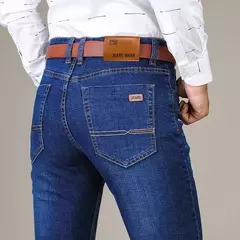 Pantalones vaqueros elásticos ajustados clásicos de otoño para hombre, pantalones de pierna recta de mezclilla de algodón informales de negocios, pantalones negros y azules para hombre