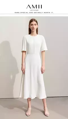 Amii-Vestidos minimalistas de verano para mujer, traje liso con cuello redondo, malla empalmada, manga larga con volantes, cintura francesa, 2024 en internet