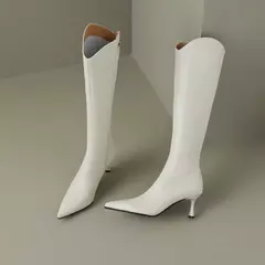 QUTAA-Botas hasta la rodilla de cuero genuino para mujer, zapatos de tacón alto fino, botas de motocicleta para fiesta, talla 34-39, 2024 - Eleganzie
