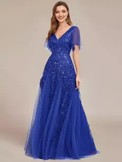 Vestido de noche elegante con escote en V profundo, mangas con volantes y mangas cortas, vestido de dama de honor con lentejuelas de gasa azul cielo 2025