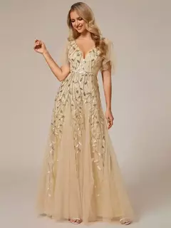 Vestido de noche elegante con escote en V profundo, mangas con volantes y mangas cortas, vestido de dama de honor con lentejuelas de gasa azul cielo 2025 - comprar en línea