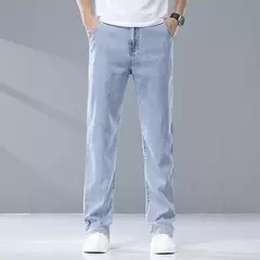 2025 verano fino hombres Lyesel suave caída moda pantalones vaqueros sueltos rectos negocios Casual pantalones de seda hielo ropa de marca on internet