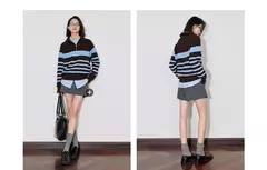 Imagen de TOYOUTH-suéter de punto para mujer, suéter con capucha y cuello tipo Polo con cremallera a rayas, otoño e invierno, 2024