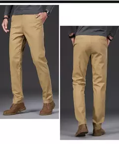Image of Pantalones informales 97% algodón para hombre, moda de otoño, cómodos, elásticos, ajustados, rectos, de negocios, negro, verde militar, caqui
