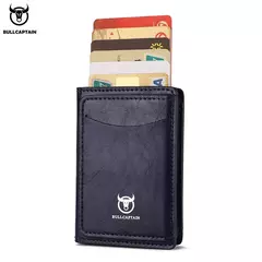 Imagen de Bullcaptain-tarjetero para hombre, billetera con bloqueo RFID, caja de aluminio protegida, billeteras de cuero con Clip para dinero, tarjetero