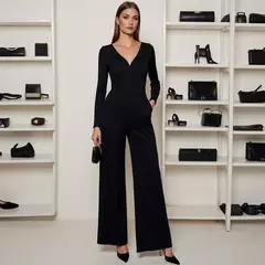 Mia Muse-monos para mujer, para todas las estaciones, francés, elegante, Color sólido, cintura en diseño, manga larga, cuello pronunciado, pierna ancha, adecuado para - comprar en línea