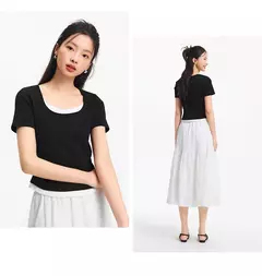 Semir-Camiseta de manga corta para mujer, Top corto falso de dos piezas, versátil, novedad de verano 2021, Top ajustado con cuello en U, adelgazante para estilo elegante - Eleganzie