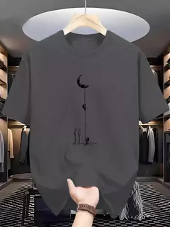 Camiseta holgada informal de algodón puro 100% de verano para hombre, camiseta de manga corta con estampado de aterrizaje de Luna de talla grande y cuello redondo - Eleganzie