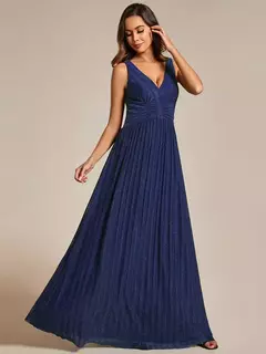 Imagen de Vestidos de noche elegantes Brillante Sin mangas Plisado Cintura imperio 2025 Ever Pretty of Lentejuelas Una línea Azul marino Vestido de dama de honor