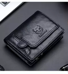 BULLCAPTAIN Cartera plegable con bloqueo RFID para hombre, tarjetero de cuero genuino con 15 ranuras para tarjetas