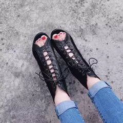 Sandalias con cordones, tacones de 9CM, zapatos de mujer, tendencia de verano 20224, botas sexis negras con punta abierta, tacones de aguja de tela a la moda, baile de Jazz para mujer on internet