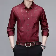 Image of Camisa estampada de manga larga informal y de moda para hombre, top de negocios sin planchar y resistente a las arrugas