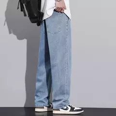 Pantalones vaqueros elásticos de cintura elástica para hombre, ropa de calle suelta, longitud completa, pantalones vaqueros rectos de pierna ancha con cordón, azul oscuro - buy online