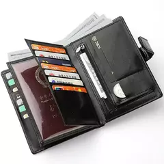 Cartera de cuero para pasaporte de alta capacidad para hombre, múltiples ranuras para tarjetas y una ventana de identificación transparente, bolso para tarjetas de visita Vintage