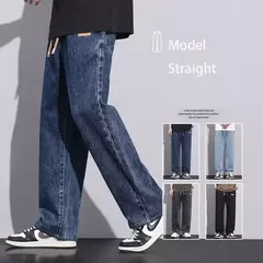 Pantalones vaqueros elásticos de cintura elástica para hombre, ropa de calle suelta, longitud completa, pantalones vaqueros rectos de pierna ancha con cordón, azul oscuro - buy online