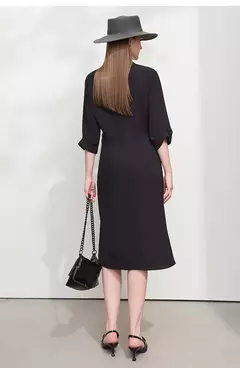 AMII vestido minimalista mujer 2025 primavera nuevo elegante Oficina señora solapa cuello pico ajustado no elástico plisado hasta la rodilla vestido acampanado 12521027 - online store