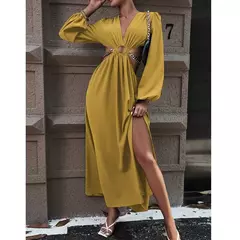 Mia Muse Vestidos de mujer Otoño Sexy Loin Hollowing Manga larga Con cuello en V Una línea Maxi vestidos de fiesta - tienda en línea