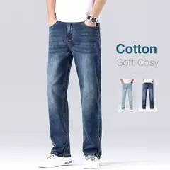 Pantalones vaqueros informales elásticos de algodón puro para hombre, pantalones de pierna ancha rectos holgados clásicos, pantalones vaqueros lavados de marca de alta calidad